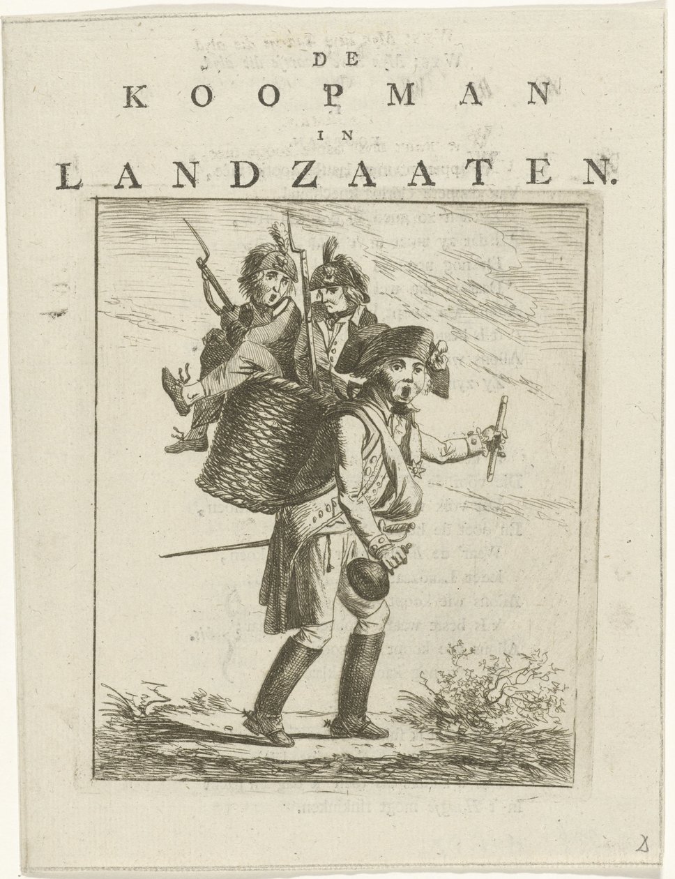 Liedblad en spotprent met soldaten Spotprent op Willem V De koopman in Landzaaten (titel op object) door Hermanus Fock