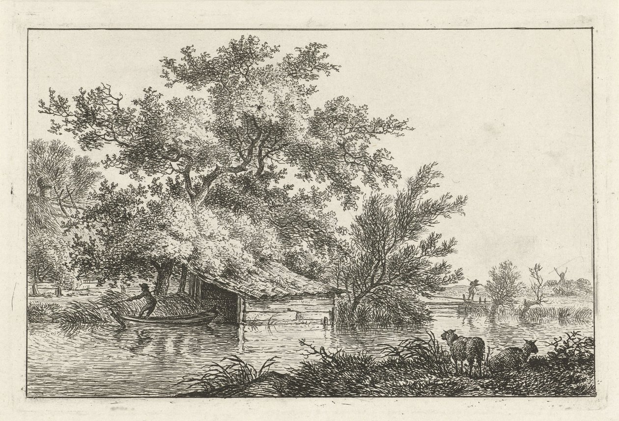 Schuitje bij boothuis door Hermanus Fock
