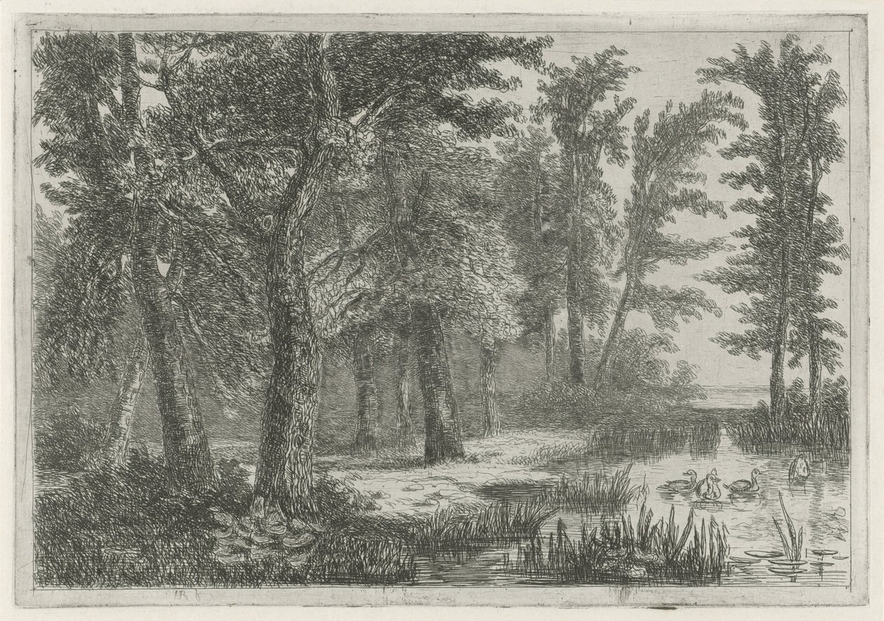 Bosgezicht met een vennetje met eenden door Hermanus Jan Hendrik van Rijkelijkhuysen