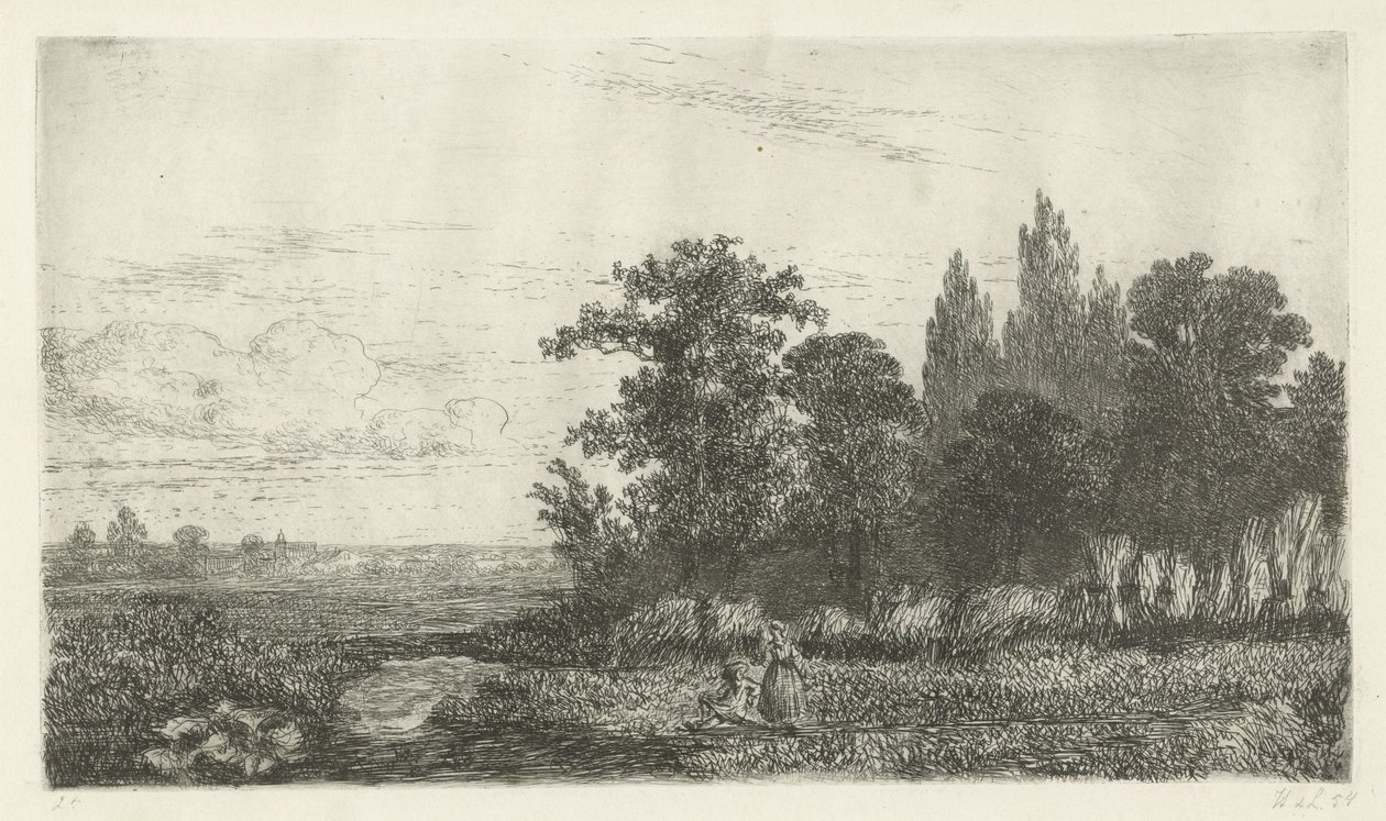 Man en vrouw bij een beekje aan de bosrand door Hermanus Jan Hendrik van Rijkelijkhuysen