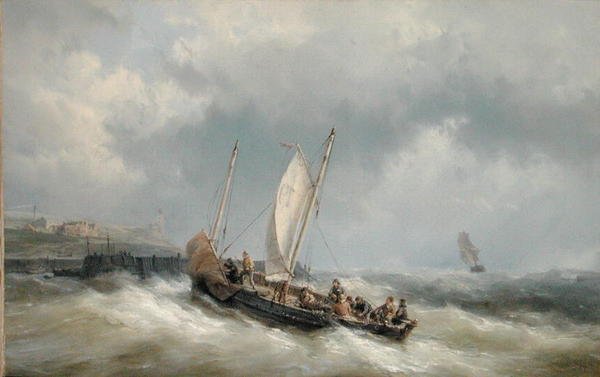 Een logger die de haven binnenkomt in een storm door Hermanus Koekkoek
