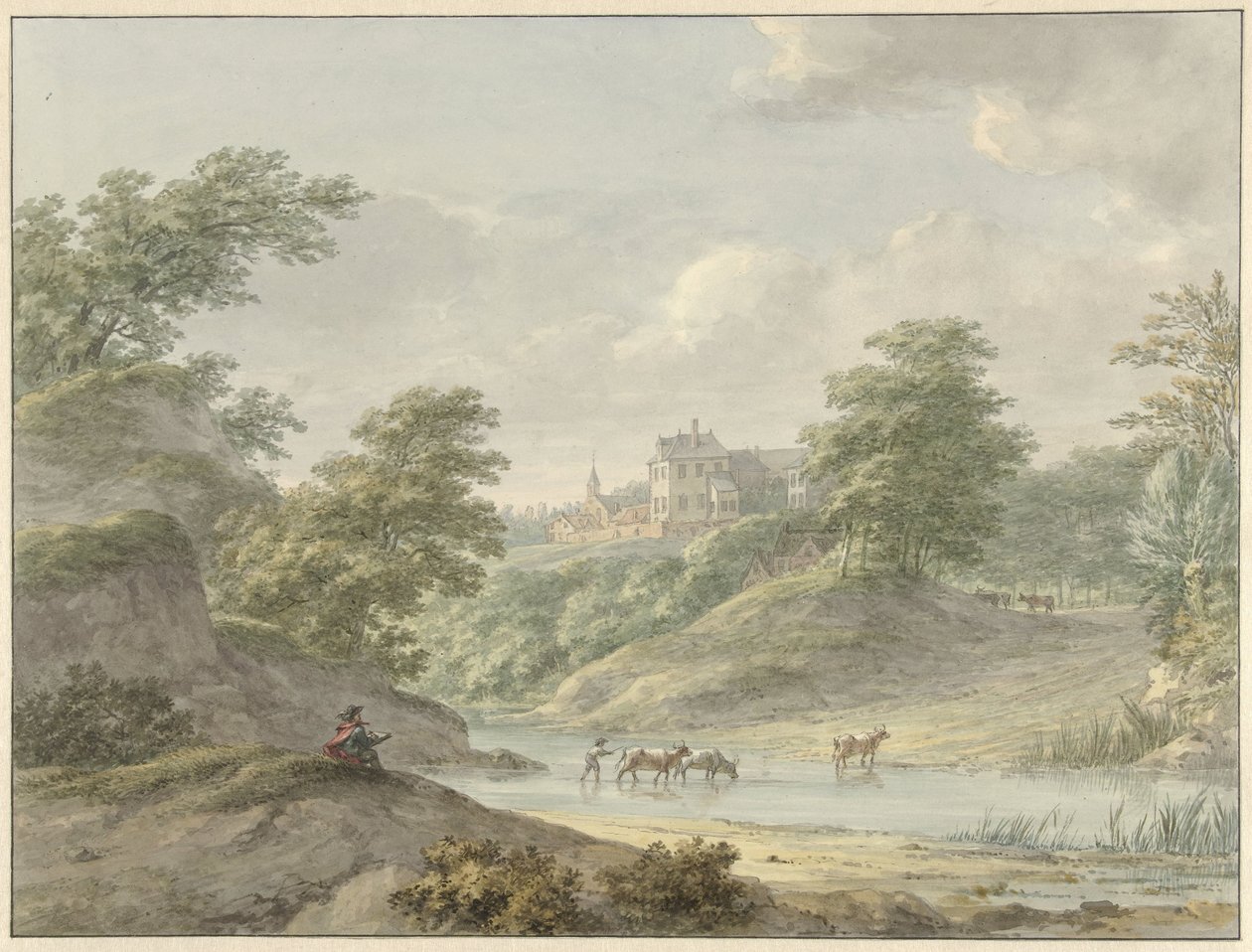 Landschap met zittende tekenaar en kasteel aan water door Hermanus Numan