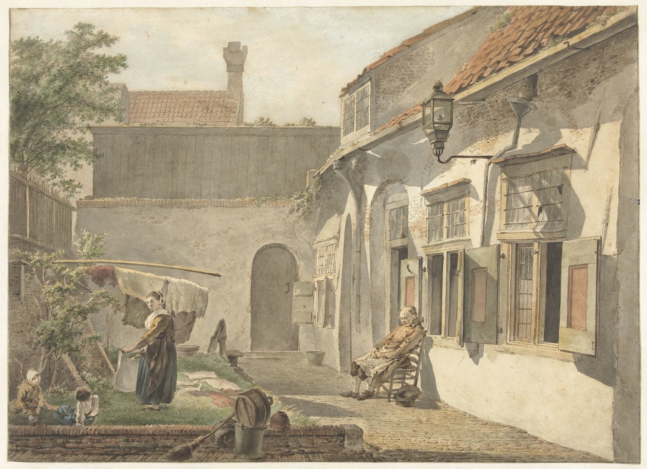 Binnenplaatsje met figuren te Utrecht door Hermanus van Brussel