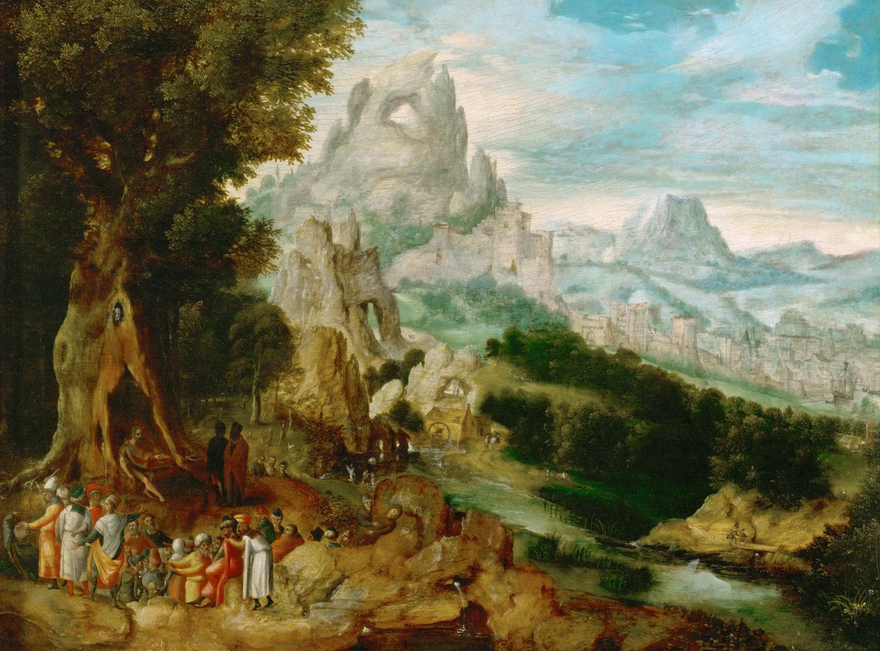 Landschap met Sint Jan de Doper predikend door Herri met de (c.1510 p.1550) Bles