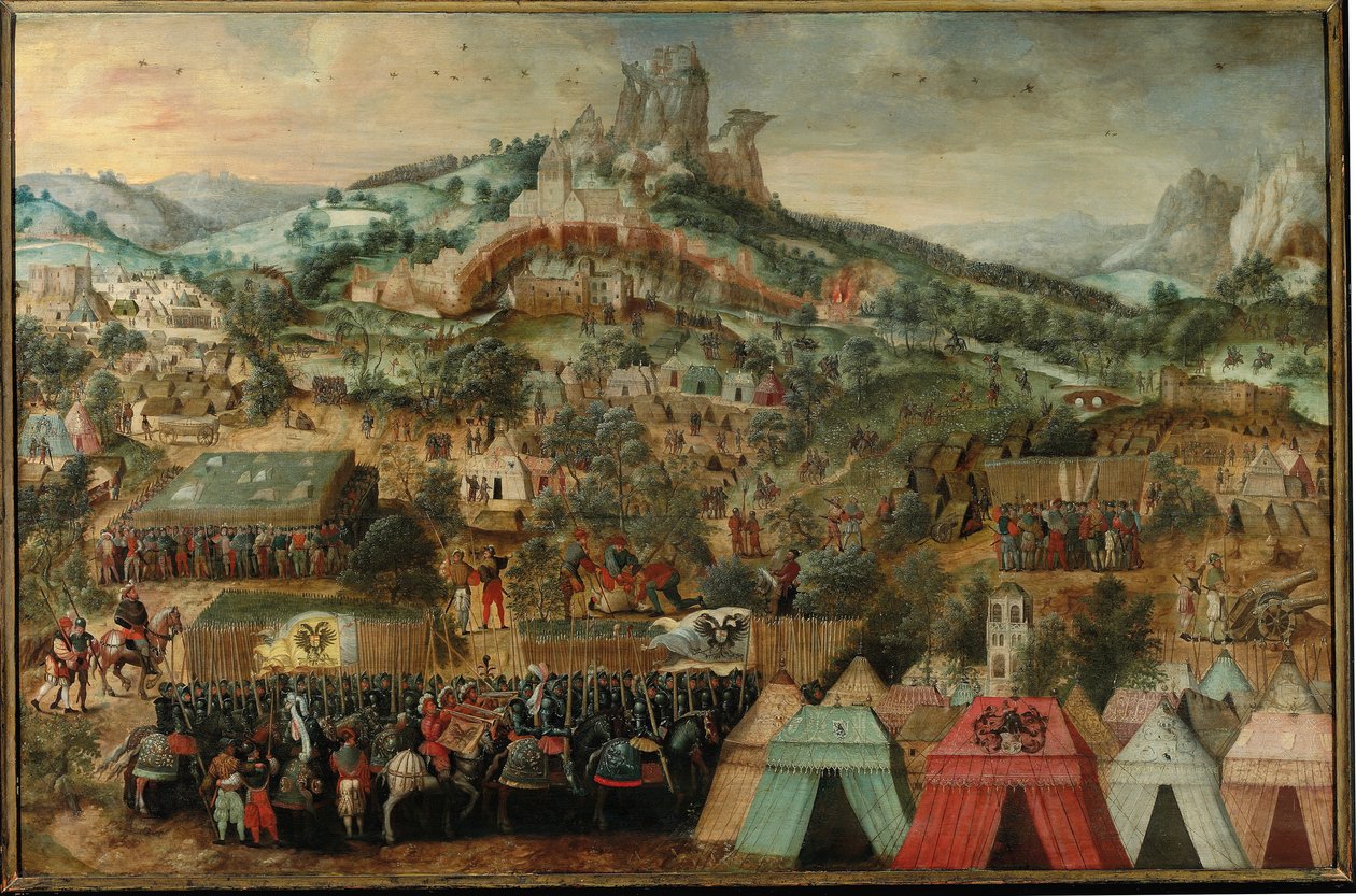 Een Belegering bij Therouanne, met een leger geleid door Karel V onder de stad door Herri met de Bles