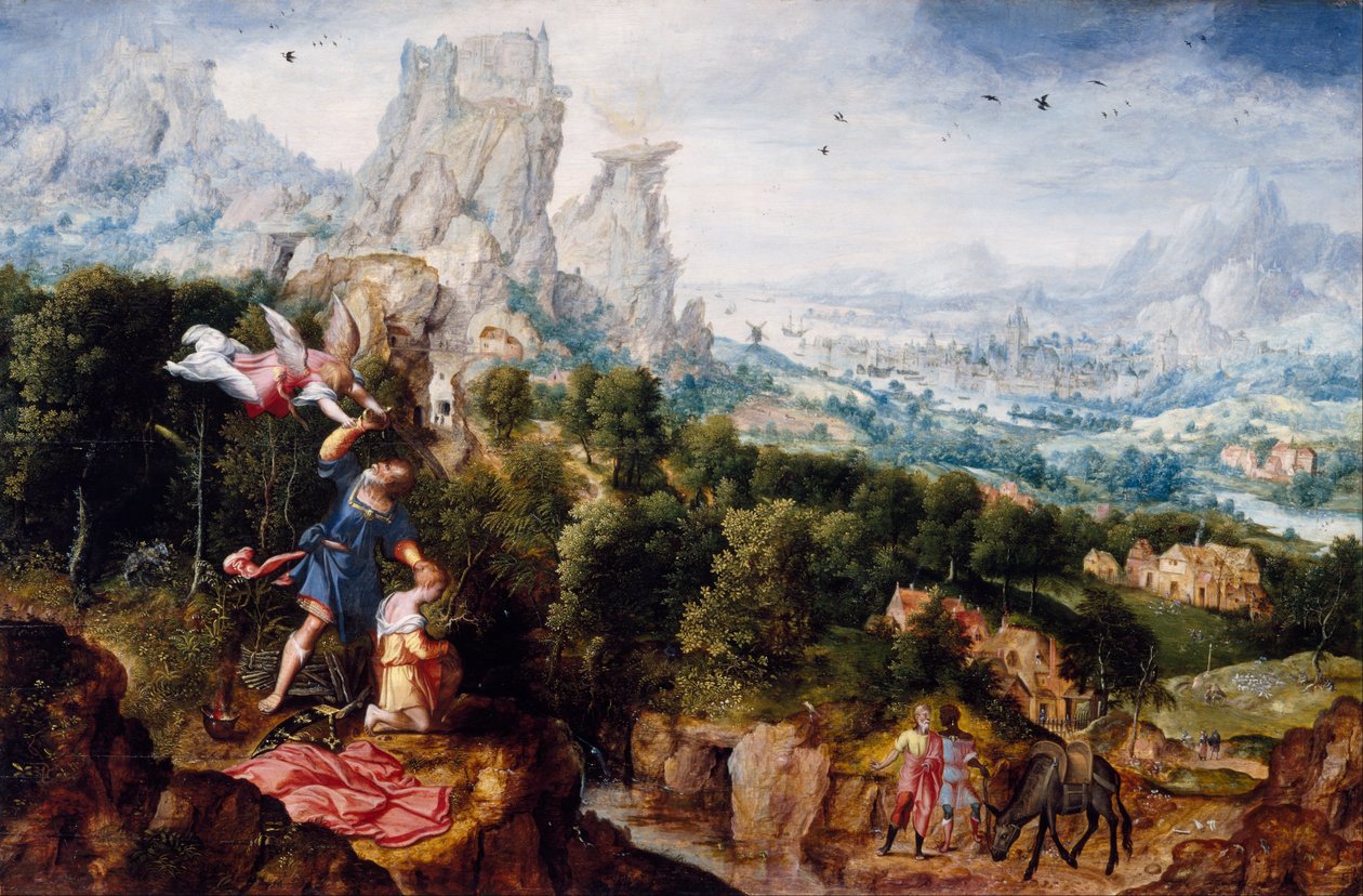 Landschap met het offer van Isaak door Herri met de Bles