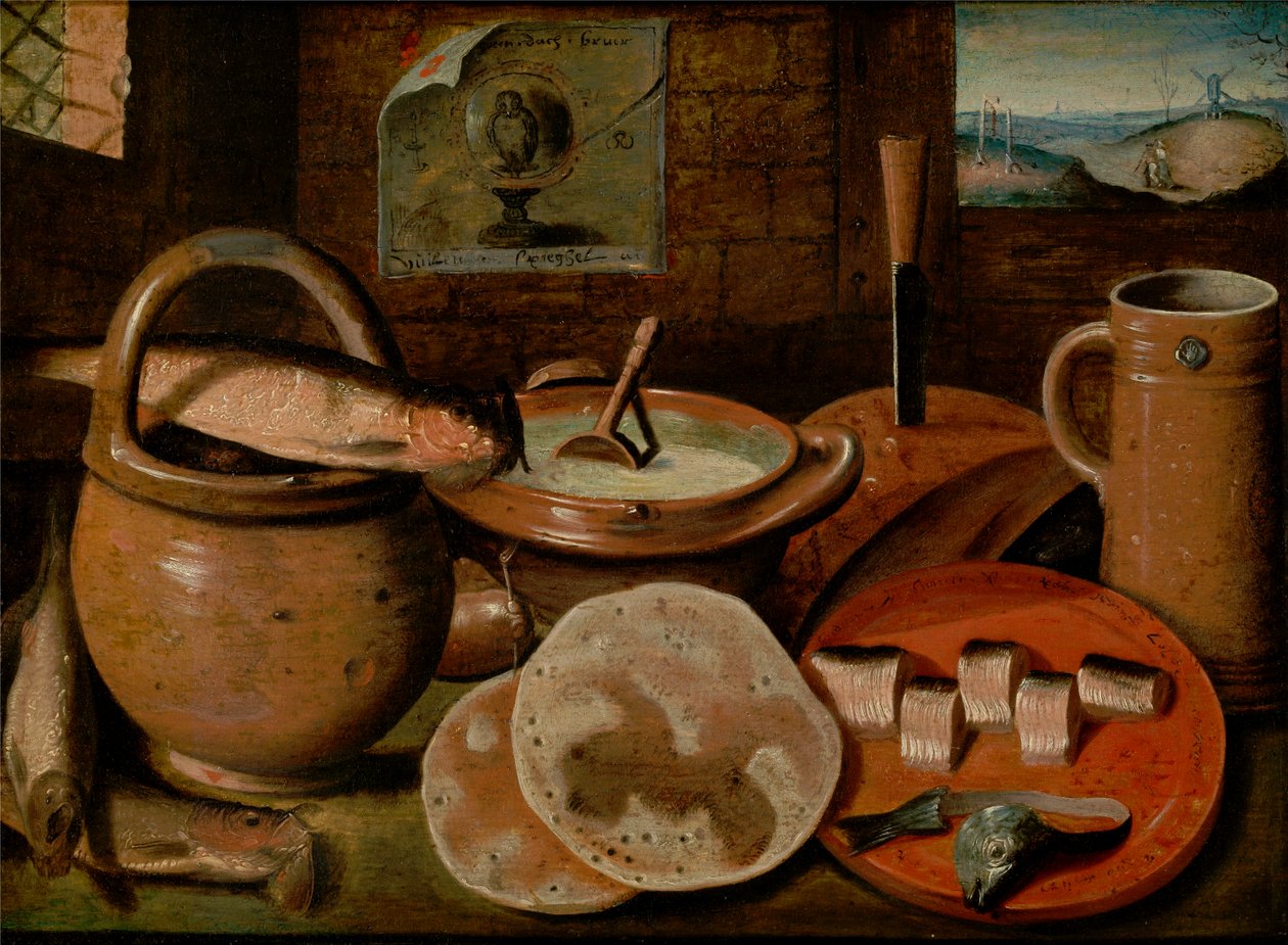 Dutch: Stilleven met aardewerk, haring en pannekoeken; rechts een doorkijk naar een paar in een landschap met galg en molen Still Life with a Poor Man
