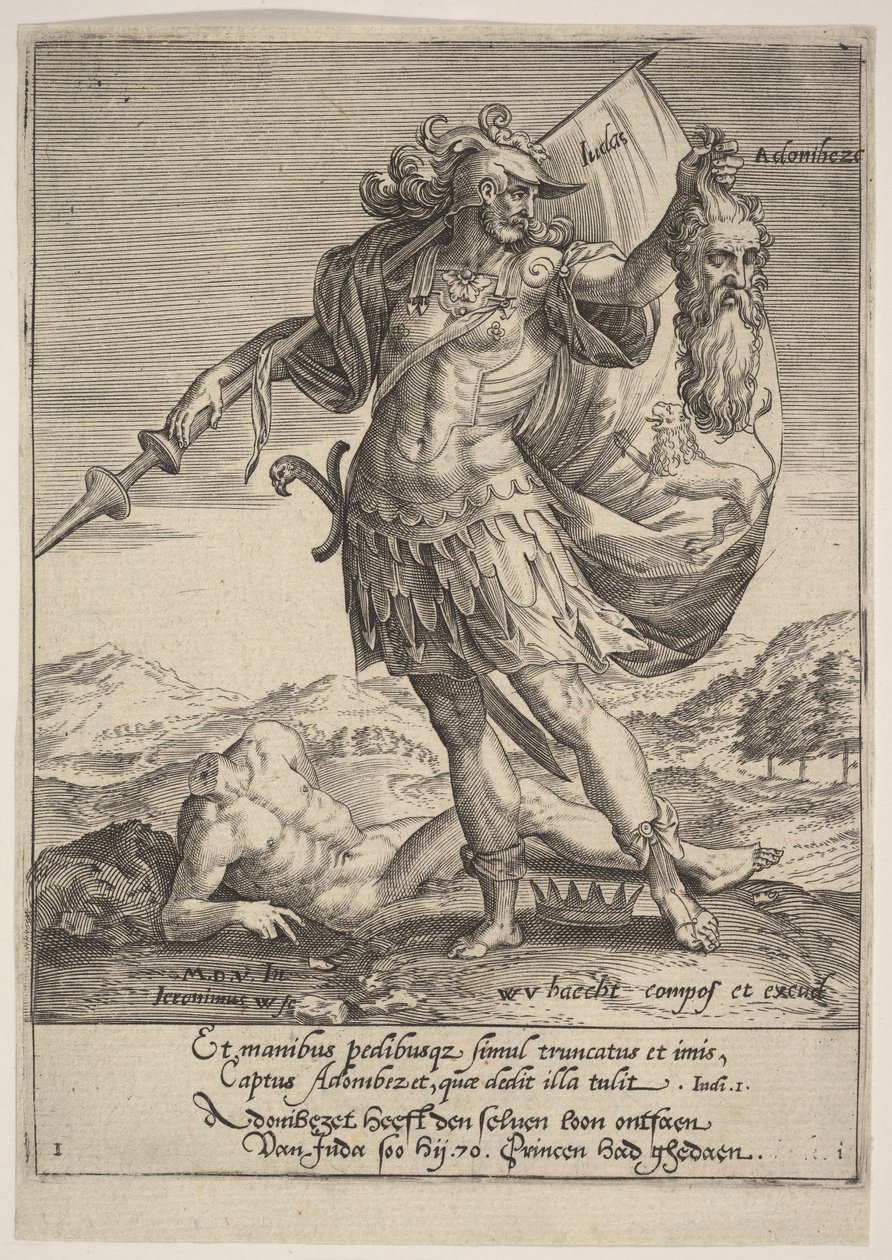 Juda met het hoofd van Adonibezek, uit Willem van Haecht, Tyrannorum proemia, 1578 door Hieronymous Wierix