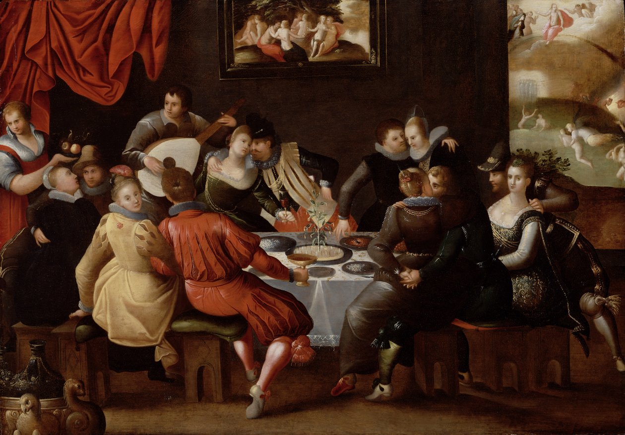 Elegante figuren feestend en spelend aan een tafel met het Laatste Oordeel op de achtergrond door Hieronymus II Francken