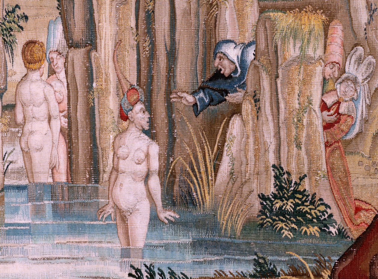 Vlaams wandtapijt. Serie Vier wandtapijten naar Hieronymus Bosch. Sint Antonius in gebed. Tweede wandtapijt in de serie. door Hieronymus (after) Bosch