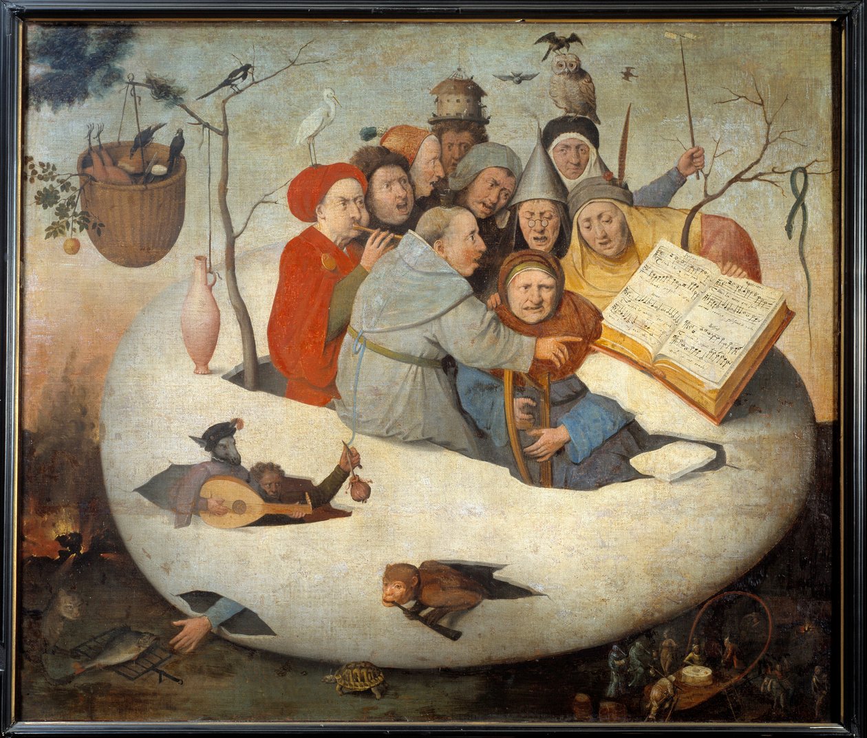 Het concert in het ei. Satire van alchemie gesymboliseerd door het filosofische ei. Schilderij naar Hieronymus Bosch (15e eeuw) door Hieronymus (after) Bosch