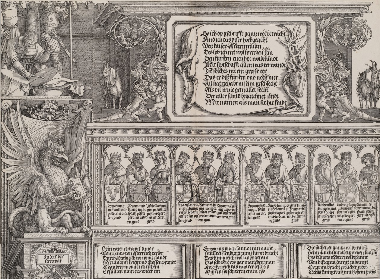 Het bovenste gedeelte van de rechterpoort, met de inscriptie op een hertenhuid, een fries met ..., 1515 door Hieronymus Andreae