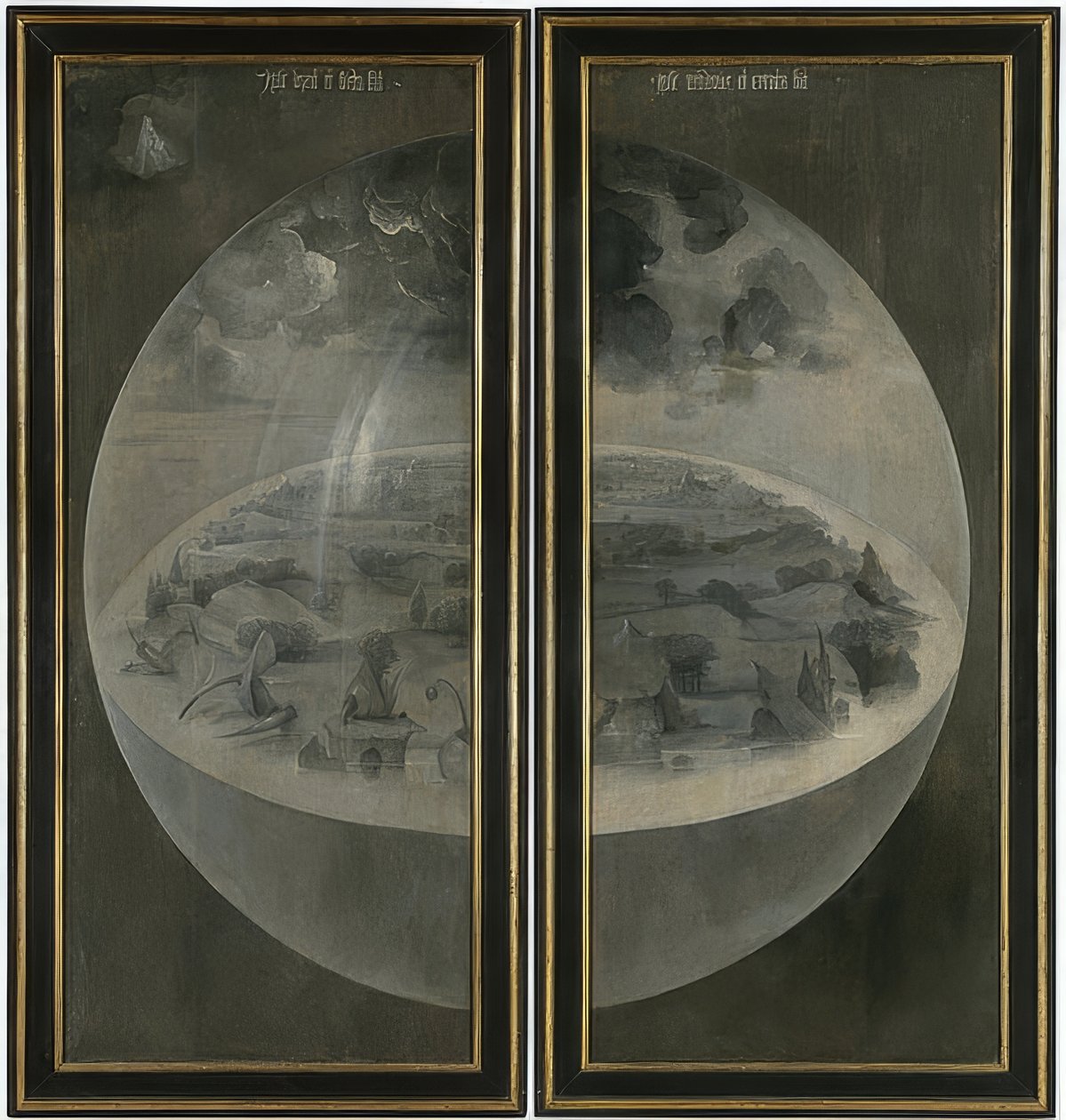 De tuin der lusten. Drieluik, achterzijde: De schepping door Hieronymus Bosch