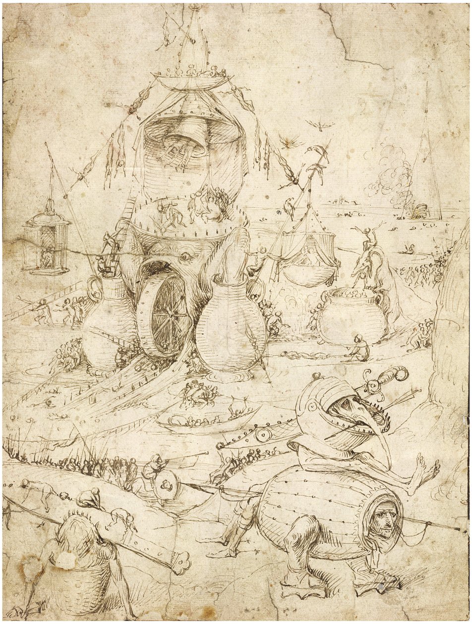 Infernaal Landschap door Bosch, Jheronimus (ca. 1450-1516). Pen, bruine Indiase inkt op papier, ca. 1500, Privécollectie door Hieronymus Bosch