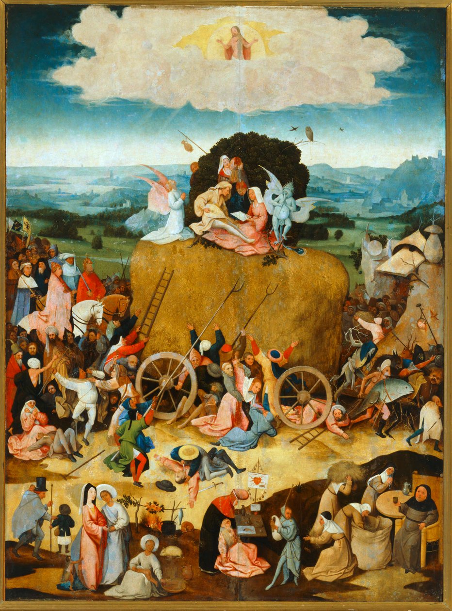 De Hooiwagen. Een Vlaams spreekwoord zegt De wereld is een
hooiwagen waarvan ieder neemt wat hij kan ... (schilderij op hout) door Hieronymus Bosch