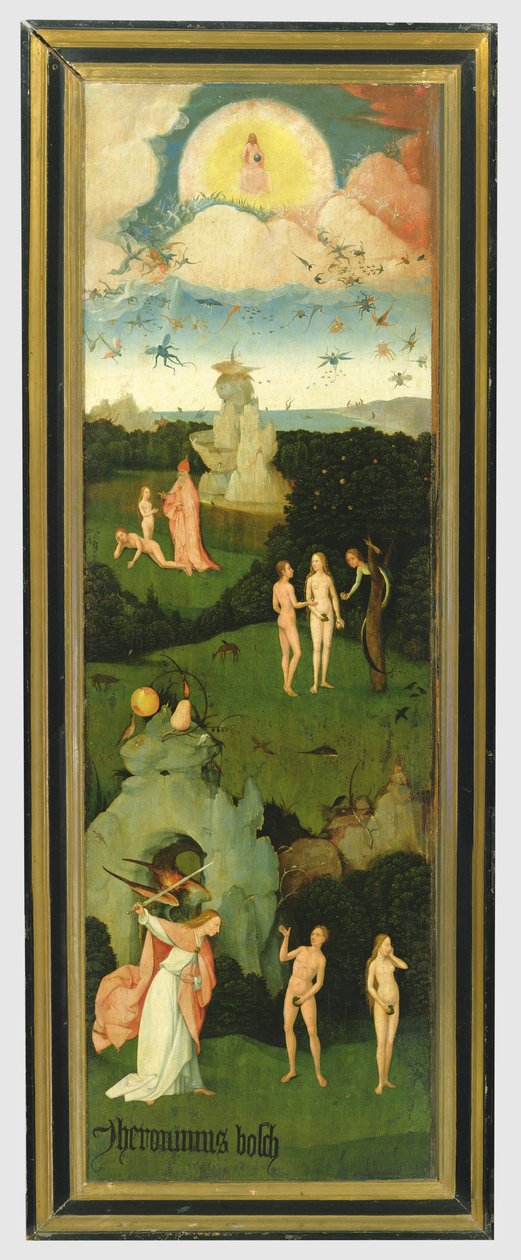 De hooiwagen: linkervleugel van het drieluik dat de Hof van Eden afbeeldt, c.1500 door Hieronymus Bosch