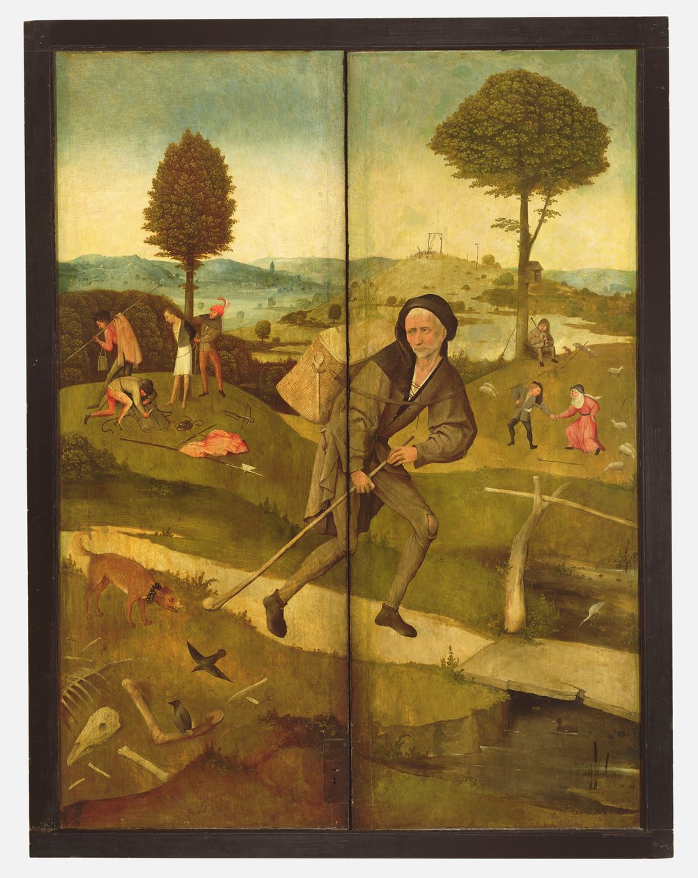 De Hooiwagen, met gesloten panelen die Everyman laten zien die het Pad van het Leven bewandelt door Hieronymus Bosch