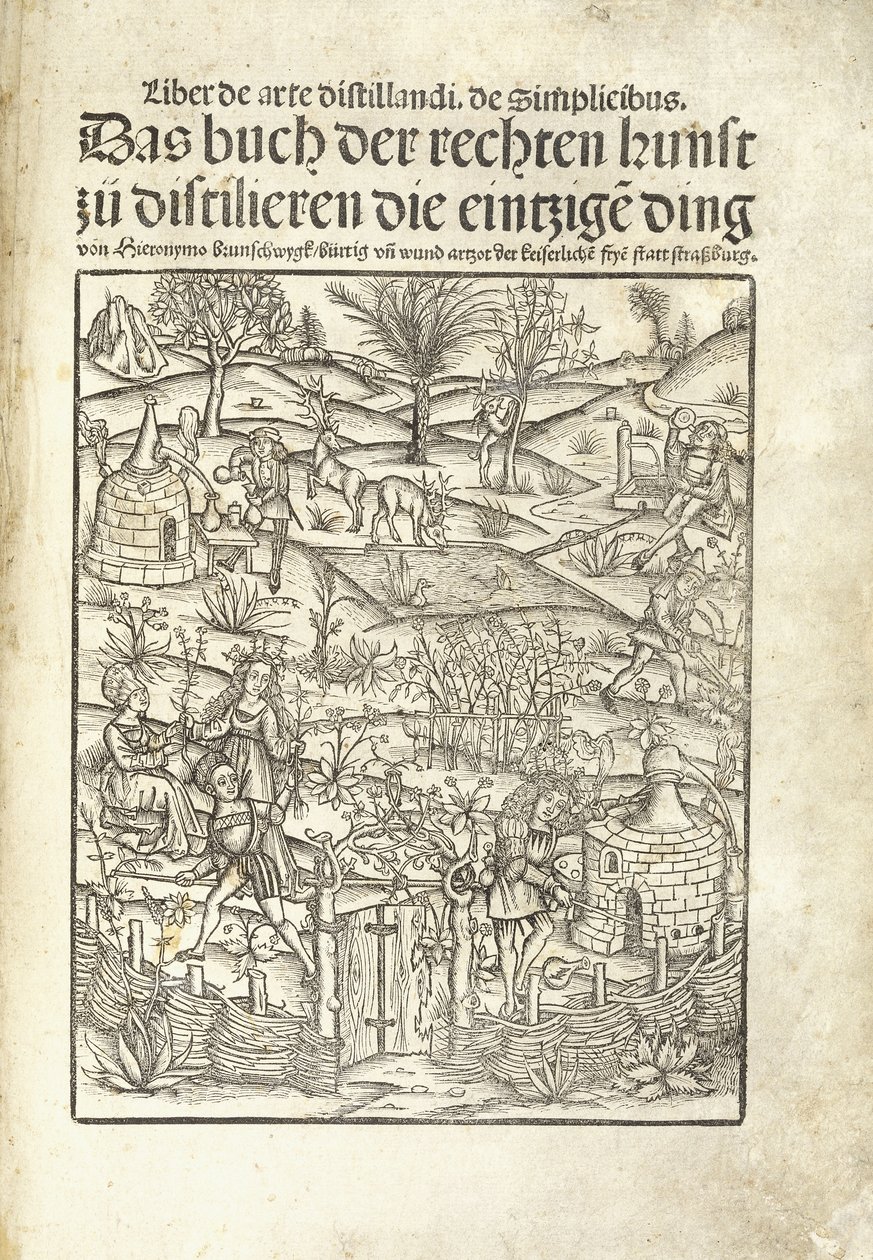 Titelpagina, met kruiden distilleerderijen en figuren in een landschap door Hieronymus Brunschwig
