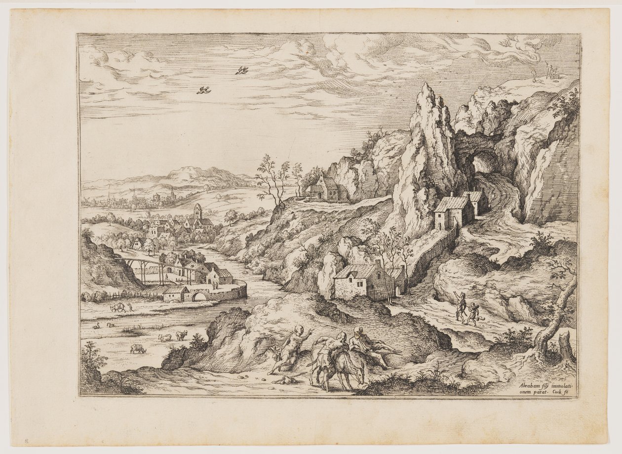 Abraham en Isaak op weg naar het offer, uit Landschappen met Bijbelse en Mythologische Scènes door Hieronymus Cock
