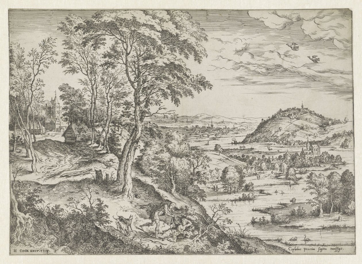Cephalus en Procris Landschappen met bijbelse en mythologische scènes (series title) door Hieronymus Cock