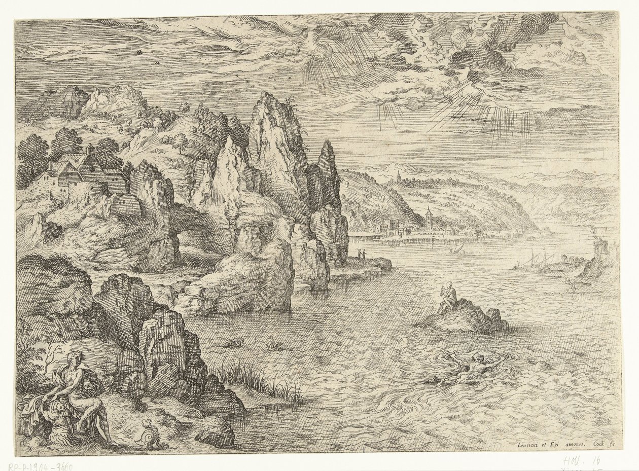 Kustlandschap met Hero en Leander (Landschappen met bijbelse en mythologische scènes) door Hieronymus Cock