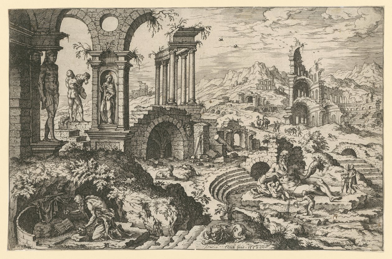 De heilige Hiëronymus in een landschap vol ruïnes door Hieronymus Cock