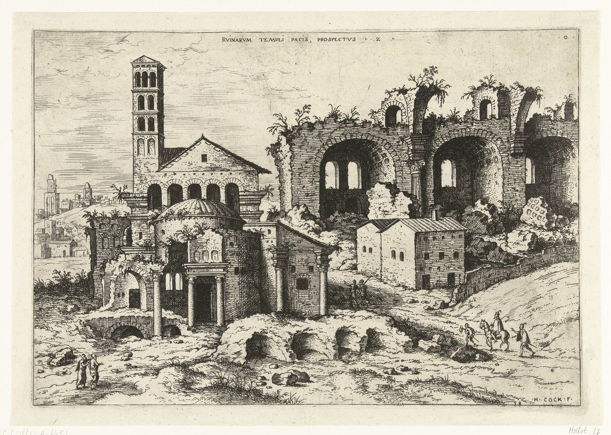 Gezicht op de Tempel van Romulus en de basiliek van Constantijn door Hieronymus Cock