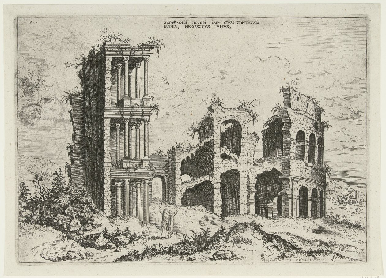 Gezicht op het Septizonium en het Colosseum in Rome door Hieronymus Cock