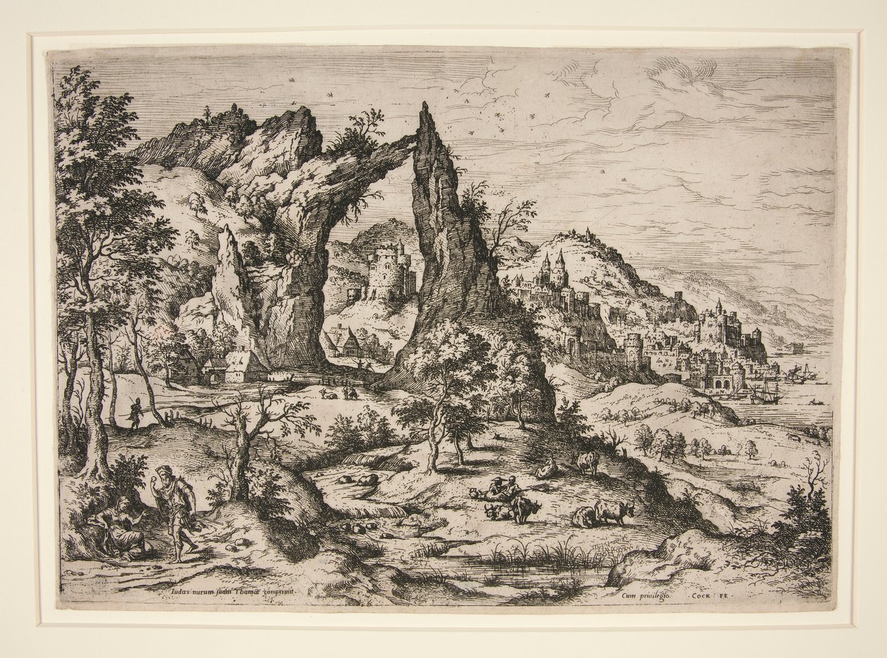 Judas en Thamar, uit Landschappen met Bijbelse en Mythologische Scènes door Hieronymus Cock