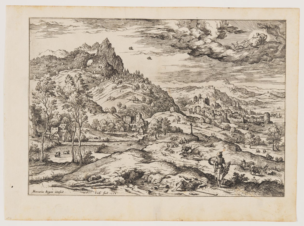 Mercurius met het hoofd van Argus in zijn hand, uit Landschappen met bijbelse en mythologische scènes door Hieronymus Cock