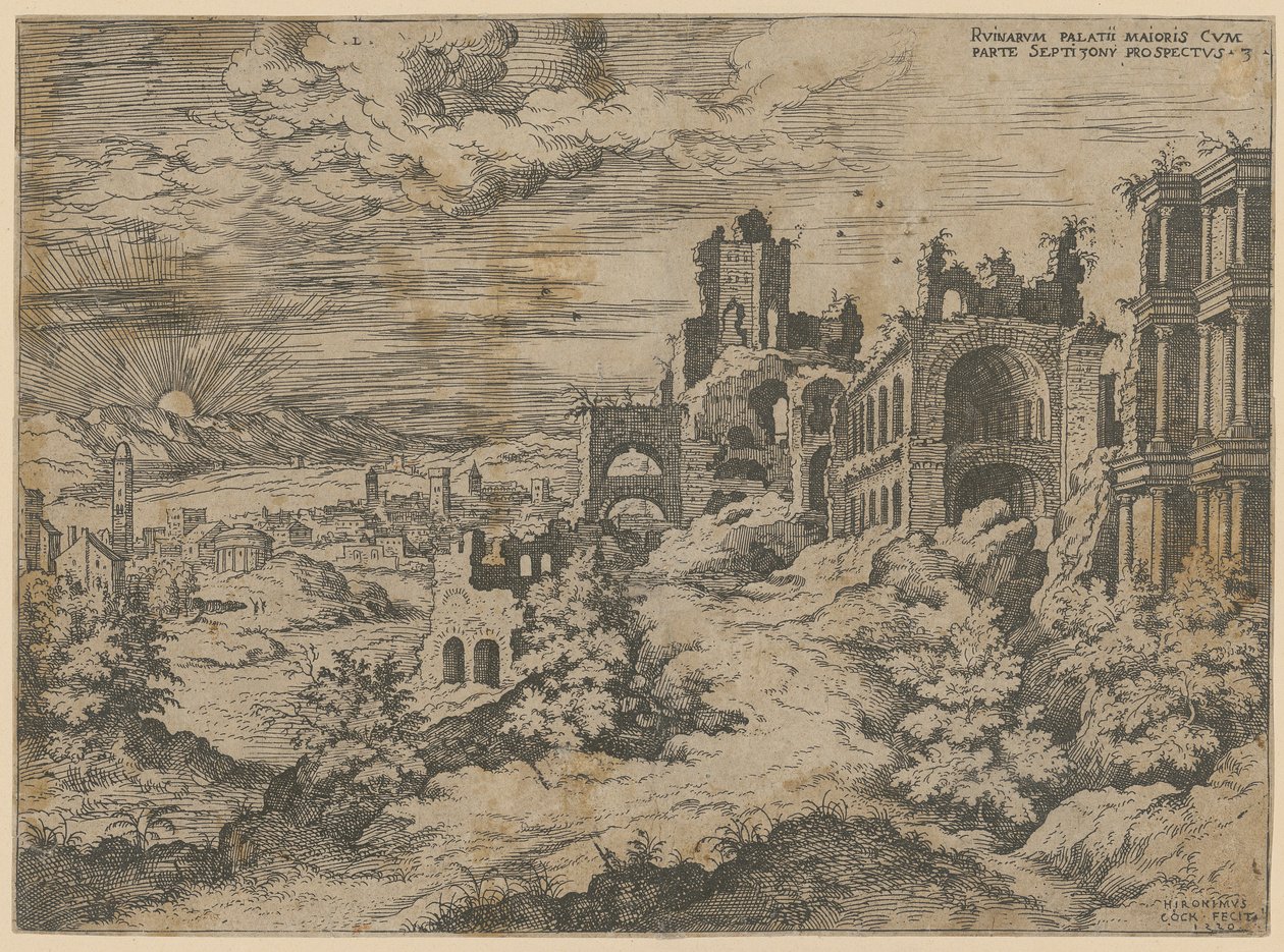Ruïnes van de Palatijn met een panoramisch uitzicht op het landschap, blad 3 uit de reeks „Praecipua aliquot Romanae Antiquitatis Ruinarum Monimenta [...]” door Hieronymus Cock