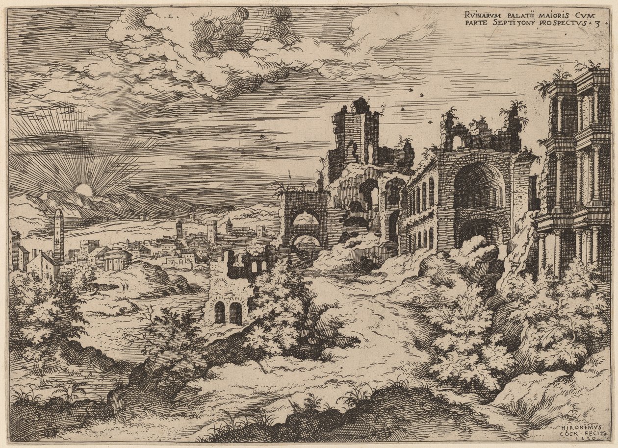 Ruïnes op de Palatijn met een panoramisch landschap door Hieronymus Cock