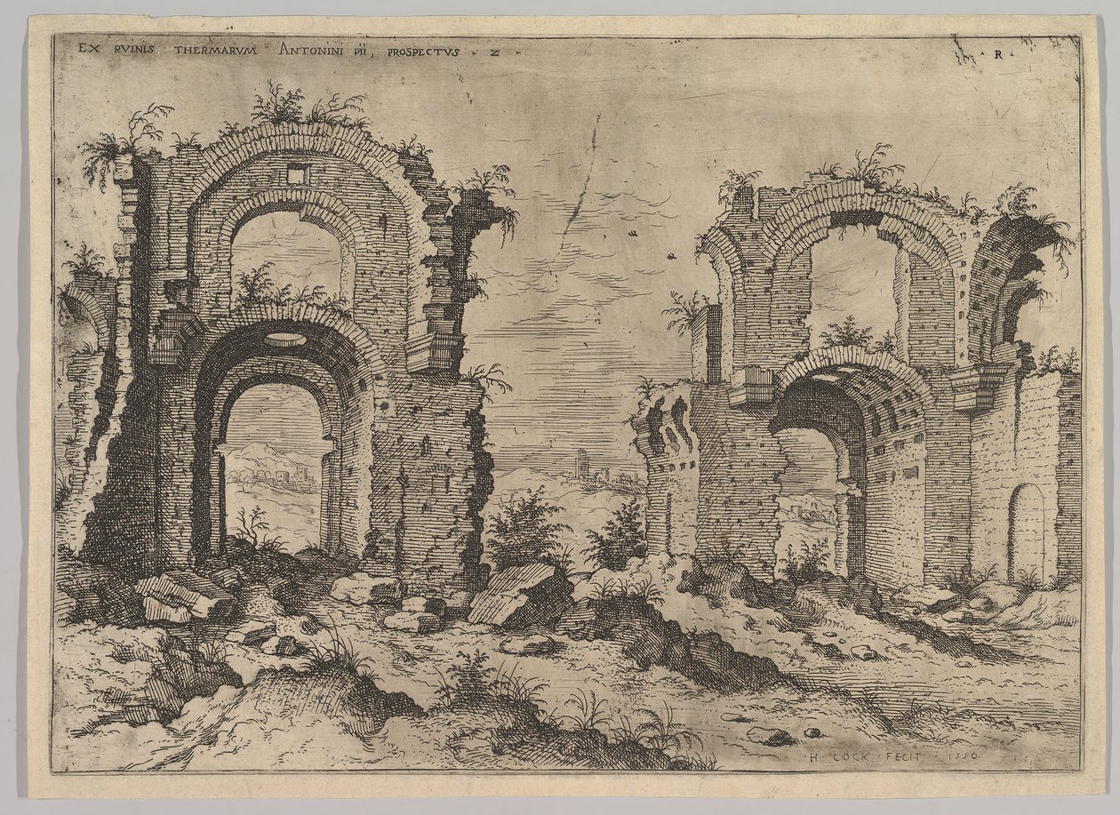 Tweede uitzicht op de baden van Diocletianus, uit de set Romeinse ruïnes, 1550 door Hieronymus Cock
