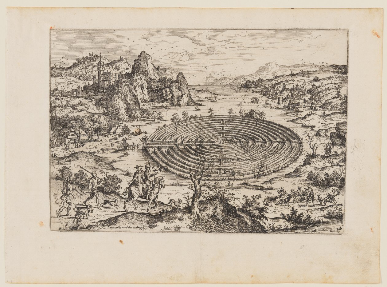 Het Kretenzische labyrint, uit Landschappen met bijbelse en mythologische scènes door Hieronymus Cock