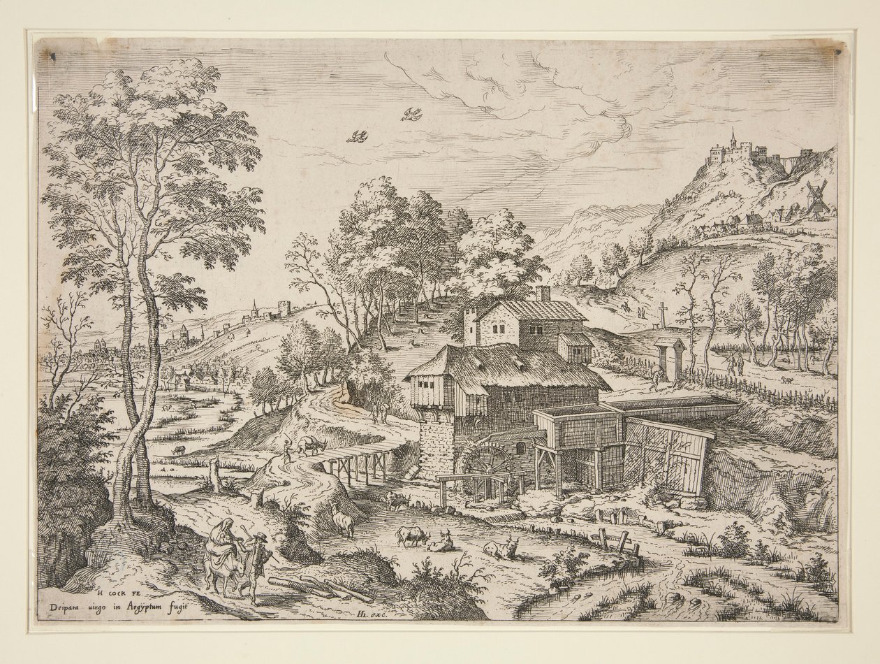 De Vlucht naar Egypte, uit Landschappen met Bijbelse en Mythologische Scènes door Hieronymus Cock