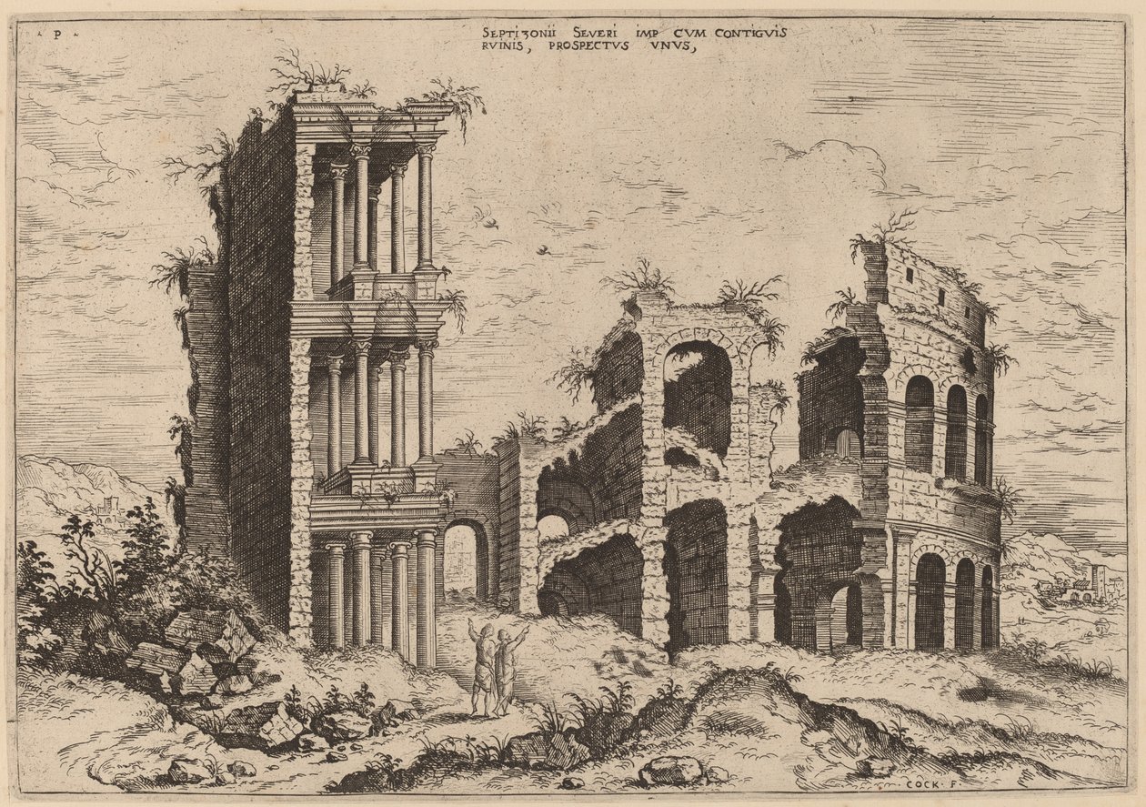 Het Septizonium en het Colosseum door Hieronymus Cock