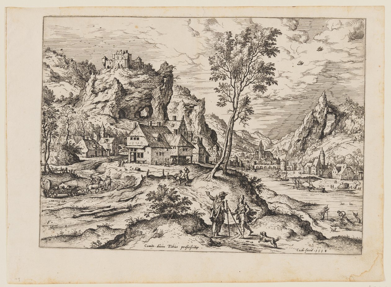 Tobias met de engel en de hond, uit Landschappen met bijbelse en mythologische scènes door Hieronymus Cock