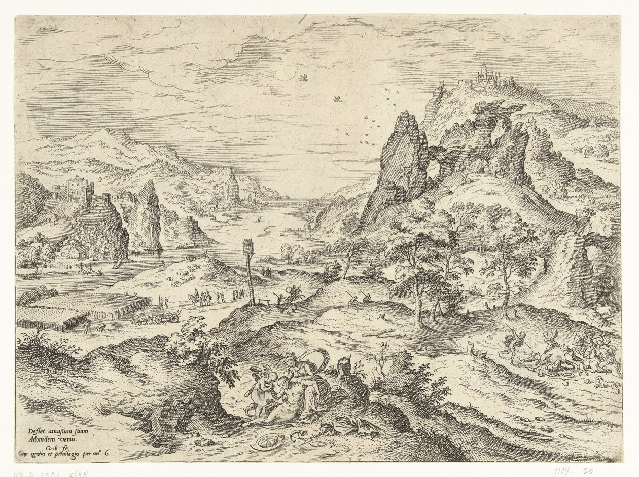 Venus treurt over de dood van Adonis Landschappen met bijbelse en mythologische scènes (serietitel) door Hieronymus Cock