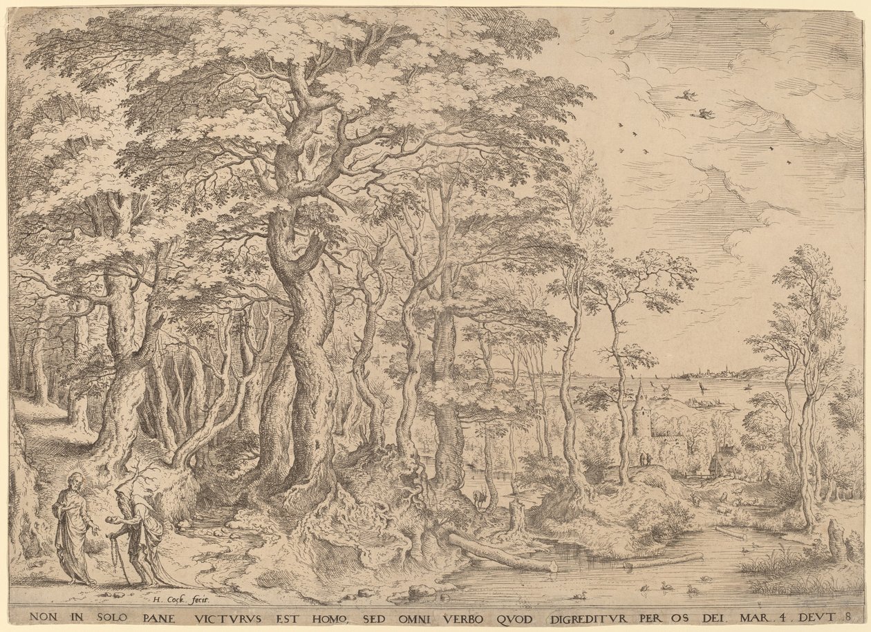 Landschap met de verzoeking van Christus door Hieronymus Cock after Pieter Bruegel the Elder