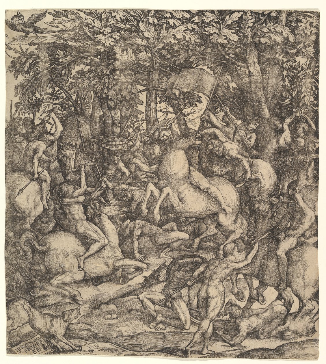 Slag tussen cavalerie en infanterie in een bos door Hieronymus Hopfer