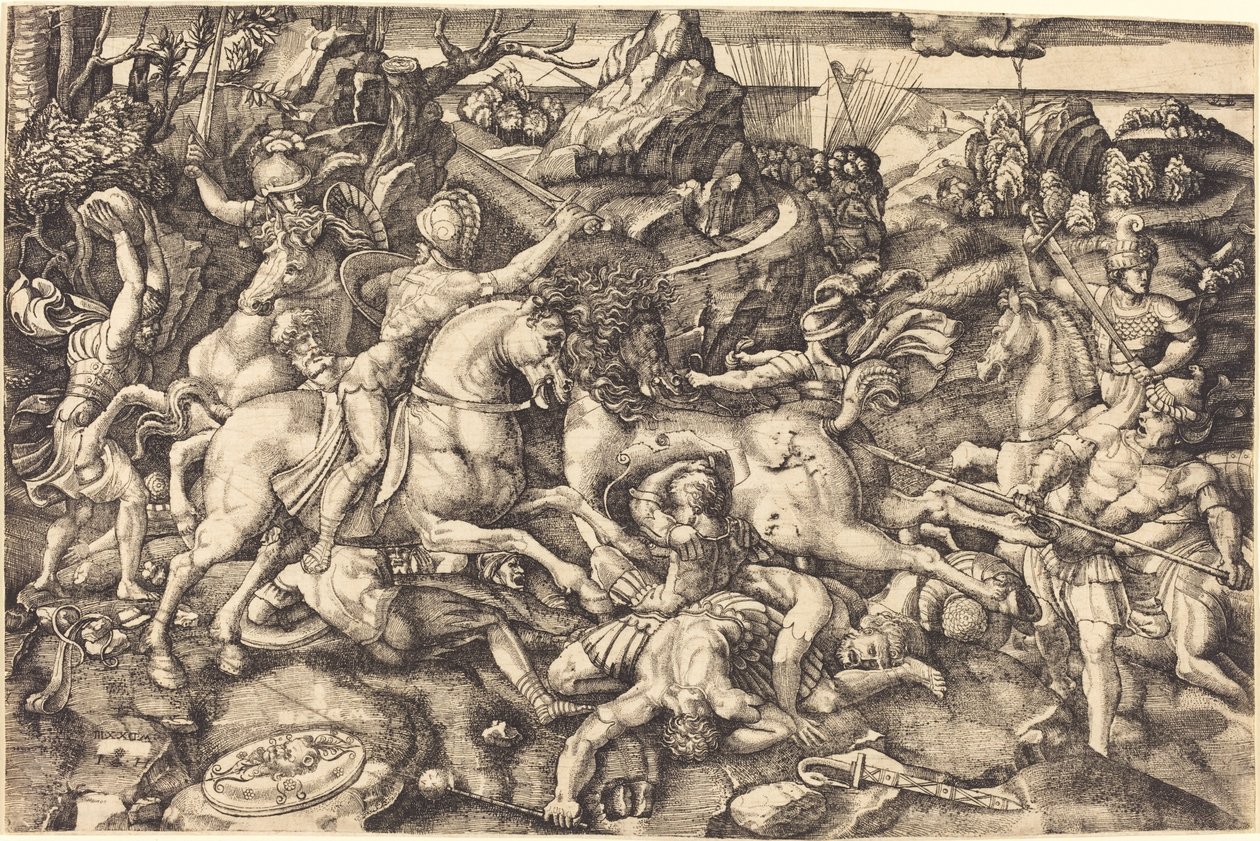 Gevecht tussen Ruiters en Voetsoldaten door Hieronymus Hopfer after Raphael
