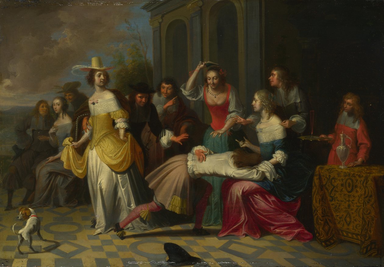 Dames en heren spelen La Main Chaude door Hieronymus, Janssens