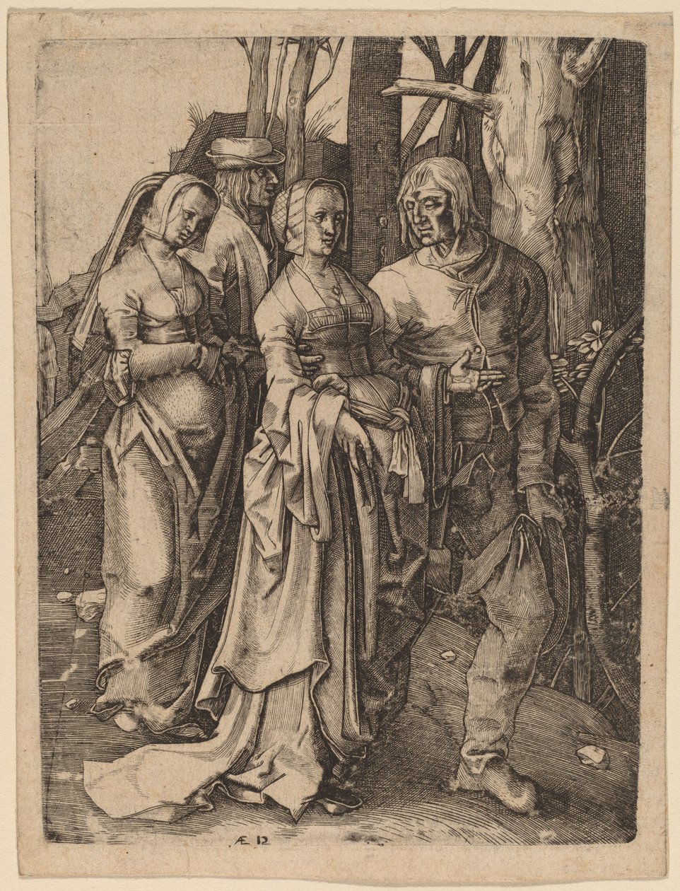 De twee koppels in het bos door Hieronymus Wierix after Lucas van Leyden