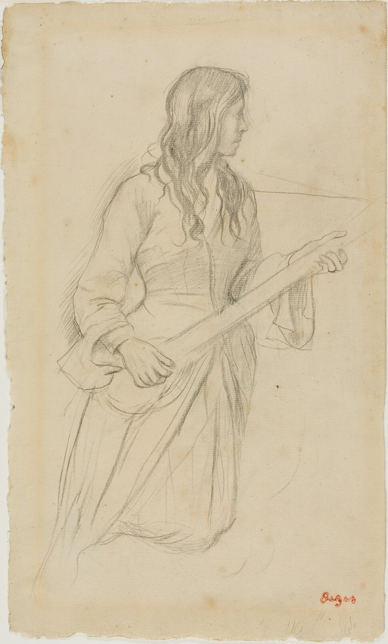 Jonge vrouw die mandoline speelt, studie voor portret van Mlle. Fiocre in het ballet "La Source". door Hilaire Germain Edgar Degas