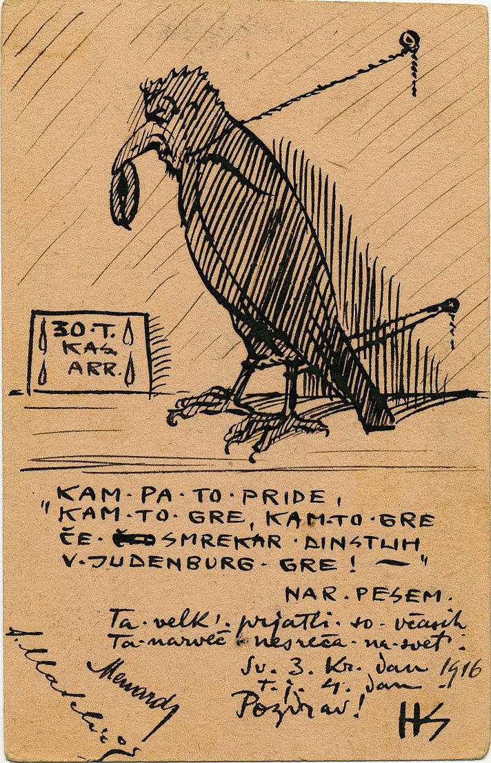 Zelfkarikatuur als vogel door Hinko Smrekar