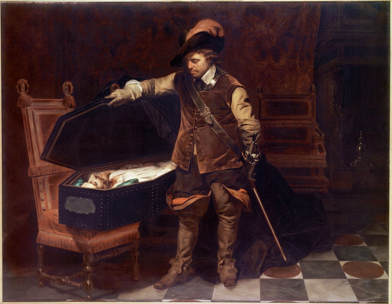 Oliver Cromwell voor de kist van Karel I Stuart (1649) door Hippolyte Delaroche