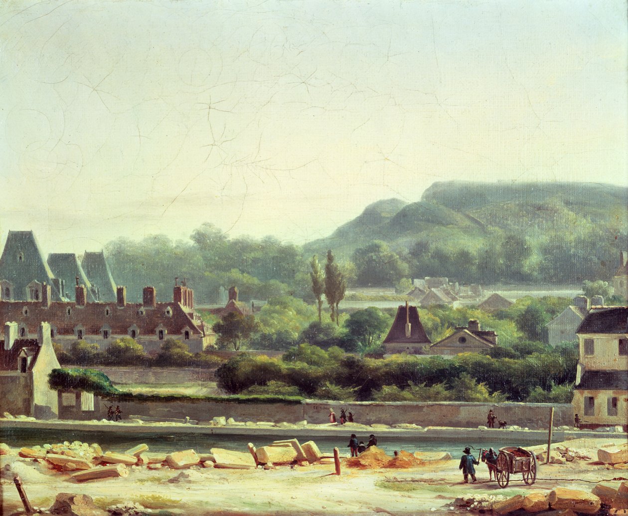 Het Hopital Saint-Louis en de Buttes-Chaumont in 1830 door Hippolyte Adam