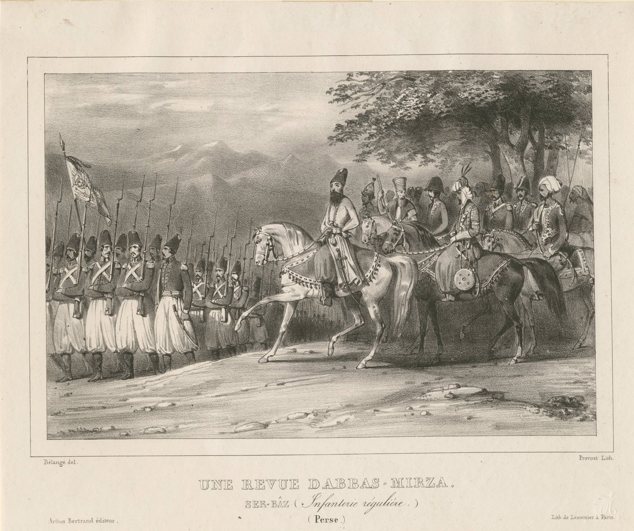 Prins, Veldmaarschalk Abbas Mirza inspecteert infanterieregiment door Hippolyte Bellange