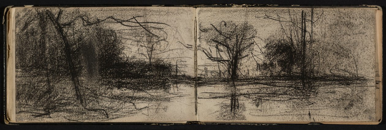 Landschap met vijver (bladzijde uit een schetsboek) door Hippolyte Boulenger