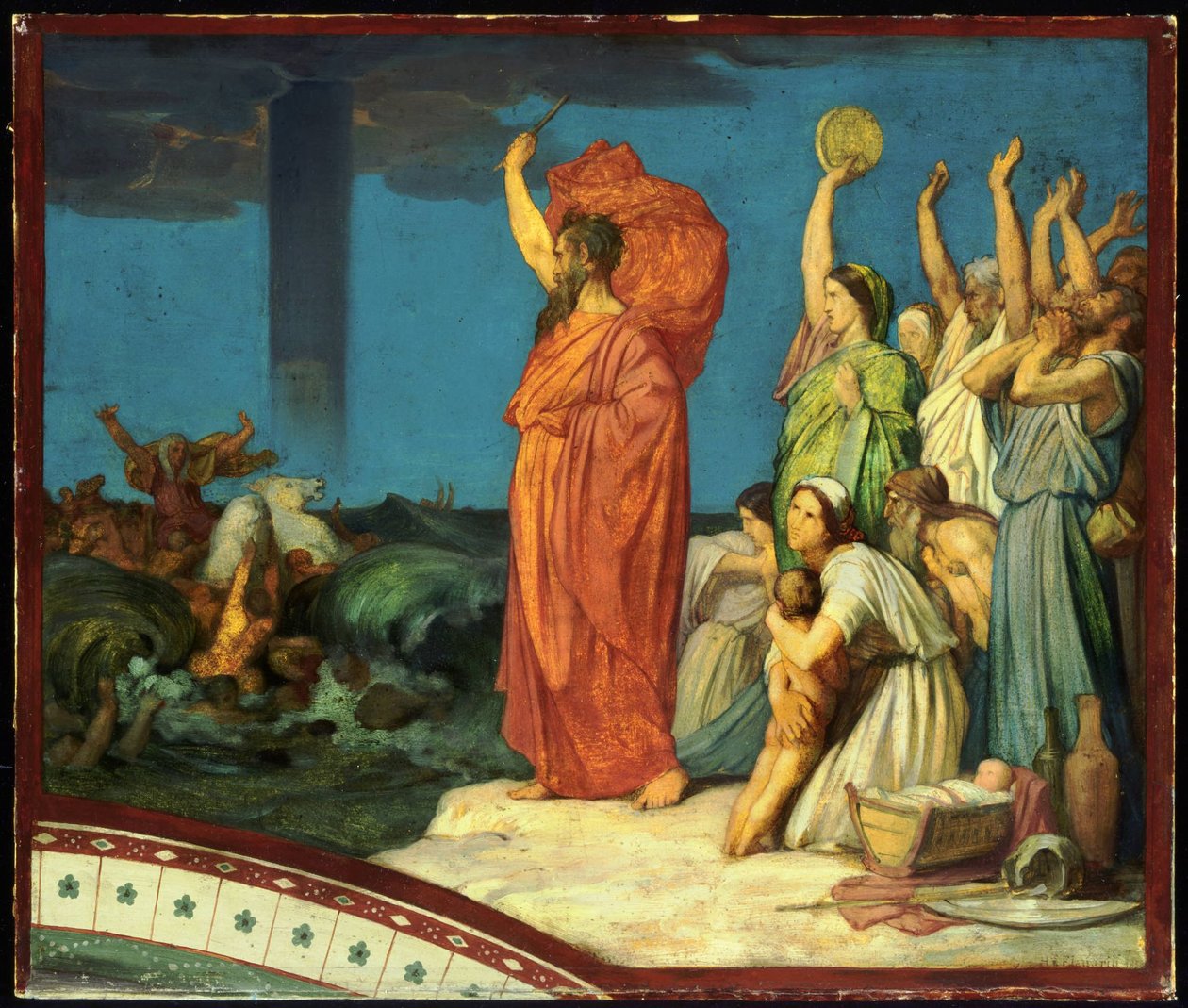 Mozes gebiedt de wateren zich boven het Egyptische leger te sluiten door Hippolyte Flandrin